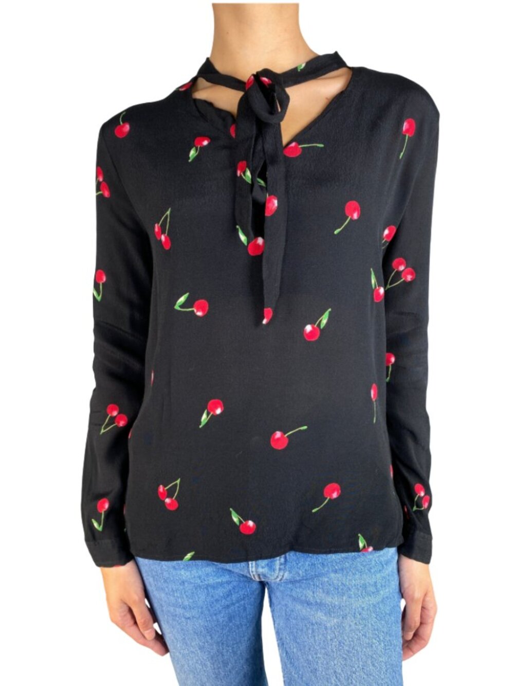 Rails Rhea Cerise Cherry Print Rayon Tie Neck Blouse Small Black Casual Sheer